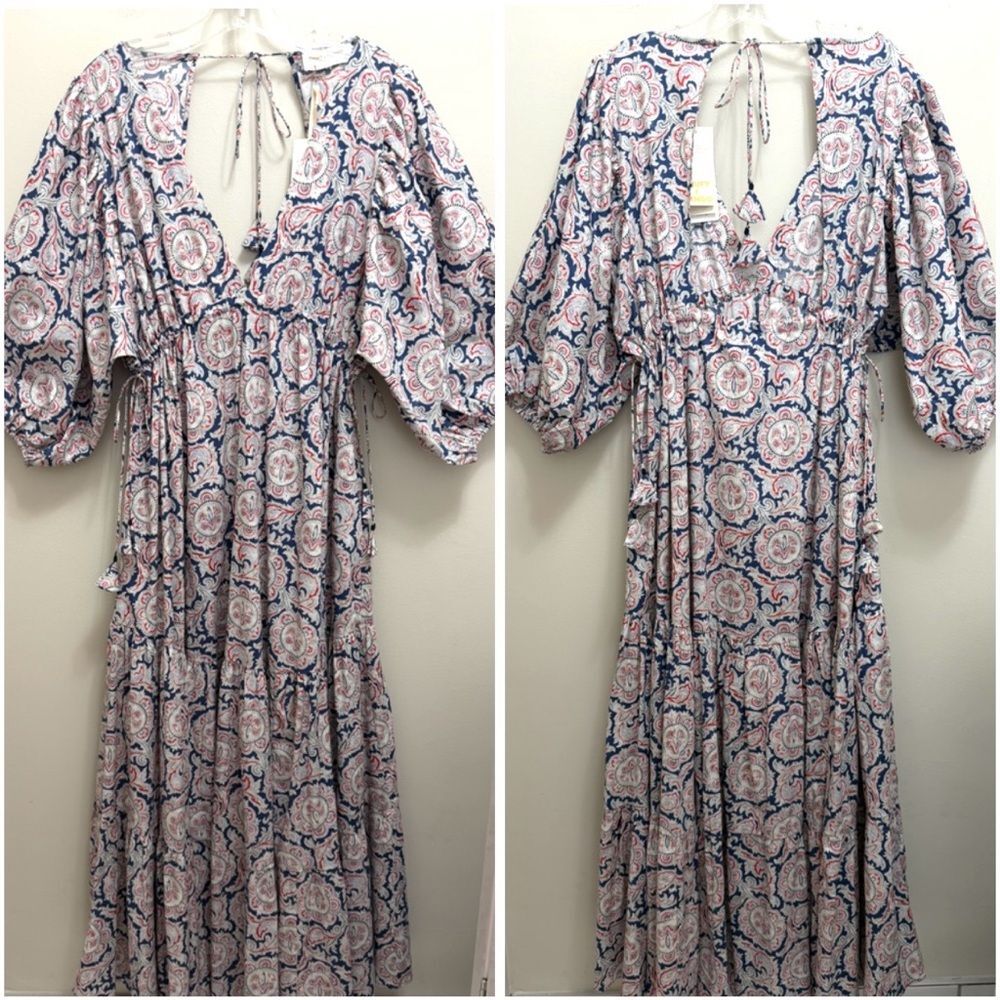 NWT Mango x Chufy Soller Boho Maxi Tiered Dress Puff Sleeve Tassel Blue Red 4 - Picture 5 of 16